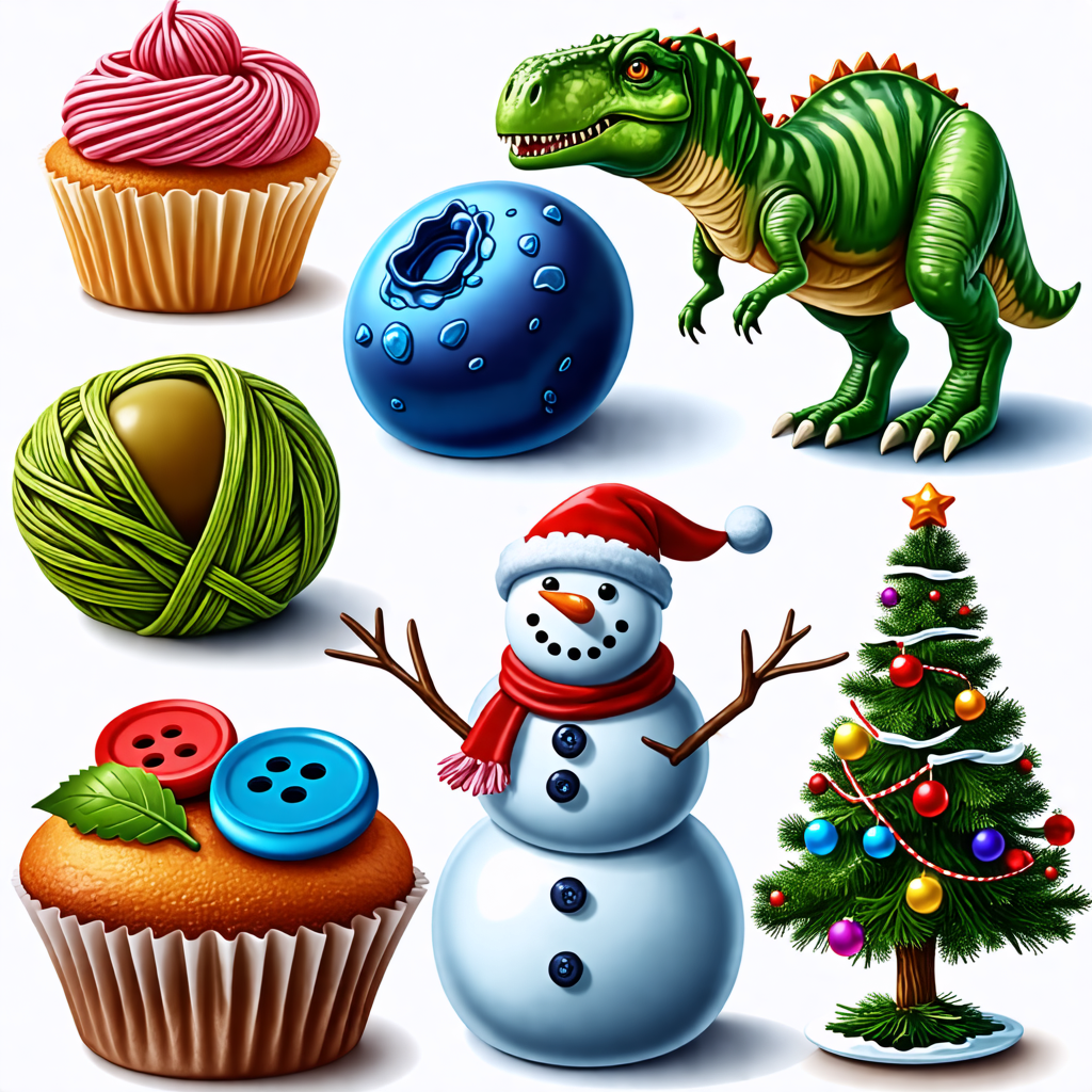 mule, yarn, cupcake, blueberry, button, olive, dinosaur, christmas tree, snowman, flower